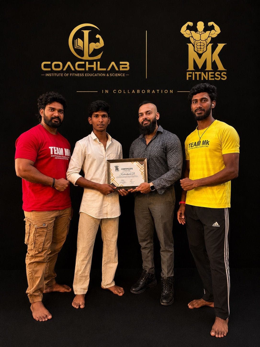 A CoachLab student receiving a certificate with the instruction team.